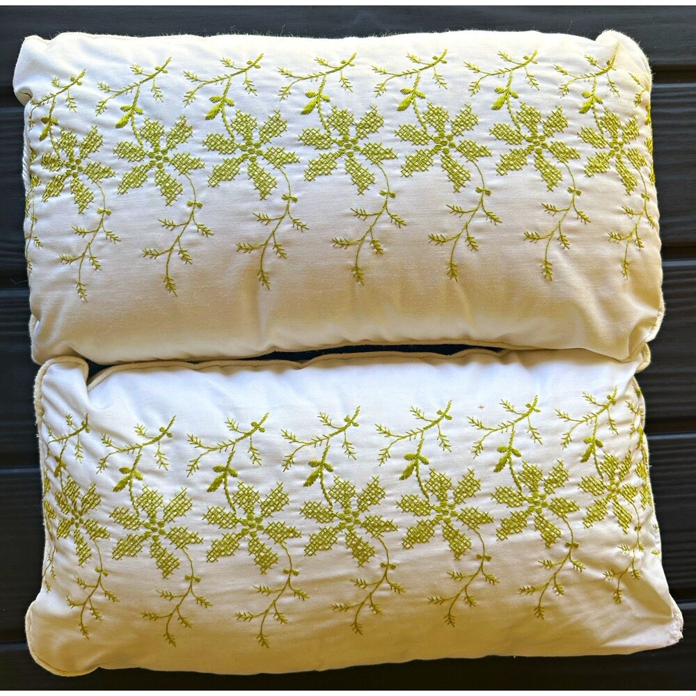 Vintage Pair Handmade Lumbar Pillows Cream Sage Green Olive Cushions Set